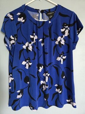 Liz Claiborne Royal Blue Floral Cap-Sleeve Blouse